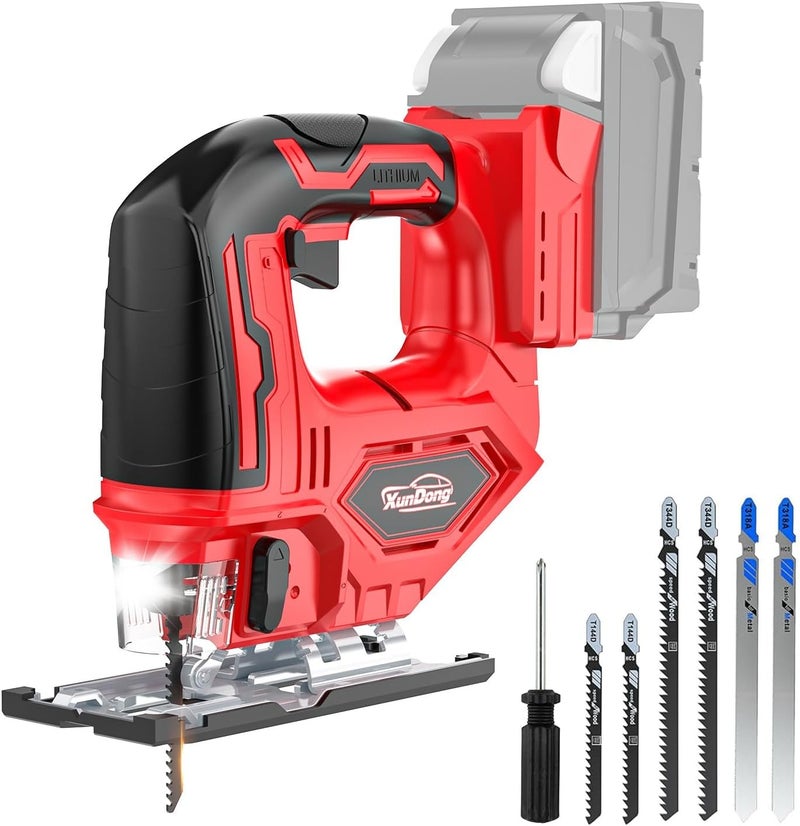 XunDong منشار كهربائي لاسلكي متوافق مع بطارية Milwaukee 18V، محرك بحد أقصى 2900 دورة في الدقيقة، قطع مائل من 0° إلى 45°، إعداد مداري بثلاثة أوضاع للقطع المستقيم/المنحني/الدائري (خشب/معدن/PVC)، سرعة متغيرة، منشار مع ضوء LED. - Image 1